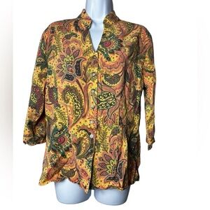 TIANELLO Womens Yellow Paisley Floral Print Blouse Top-Size Small-EUC